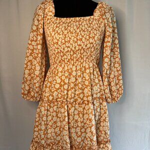 Pink Lily Orange Floral Dress Size Small Lined skirt cream flowers - Summer!-341